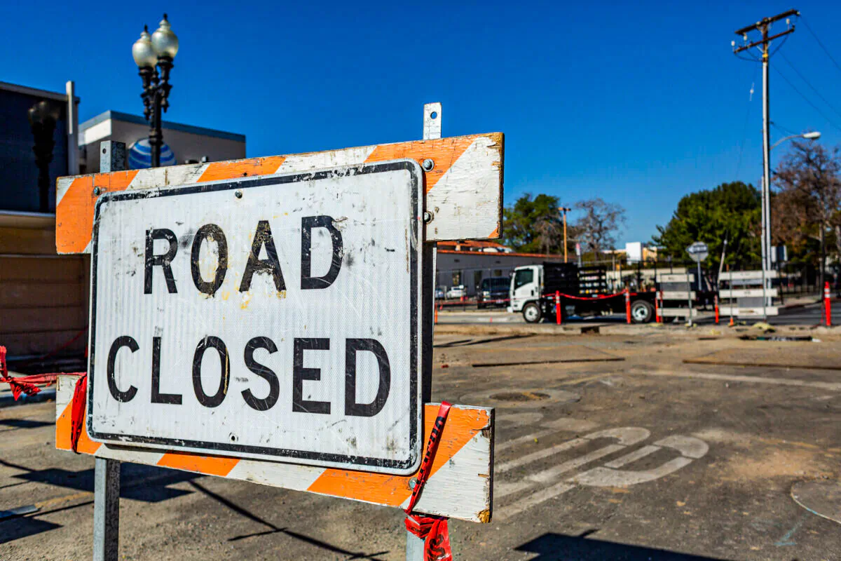 A street car project is under construction along Santa Ana Blvd., in Santa Ana, Calif., on Jan. 11, 2021. (John Fredricks/The Epoch Times)