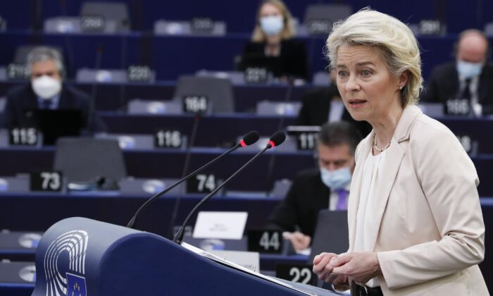 European Commission President Ursula von der Leyen delivers a speech during a plenary session at the European Parliament in Strasbourg, eastern France, on Dec. 15, 2021. (Julien Warnand/Pool Photo via AP)