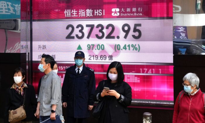 People wearing face masks stand in front of a bank's electronic board showing the Hong Kong share index in Hong Kong, on Dec. 15, 2021. (Kin Cheung/AP Photo)