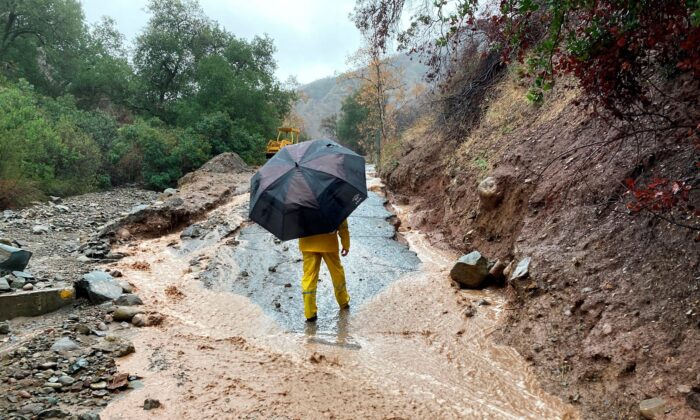 A local resident surveys the damage to a washed-out road in Silverado Canyon, Calif., on Dec. 14, 2021. (Eugene Garcia/AP Photo)