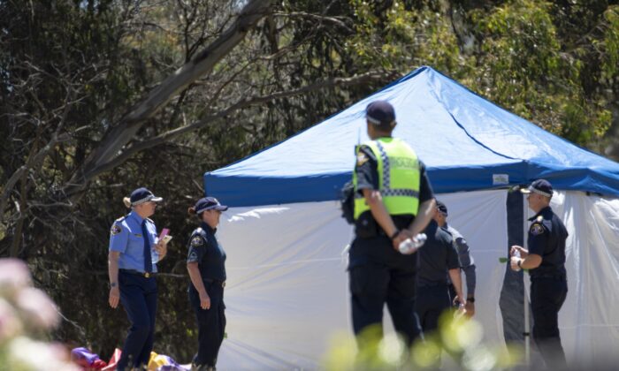 Emergency services personnel work the scene of a deadly incident involved with a jumping castle at the Hillcrest Primary School in Devonport, Tasmania, on Dec. 16, 2021. (Grant Wells/AAP Image via AP)