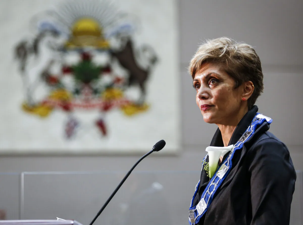 Calgary Mayor Jyoti Gondek speaks to the media after being sworn-in as the new mayor in Calgary, Alta., on Oct. 25, 2021. (Jeff McIntosh /The Canadian Press)