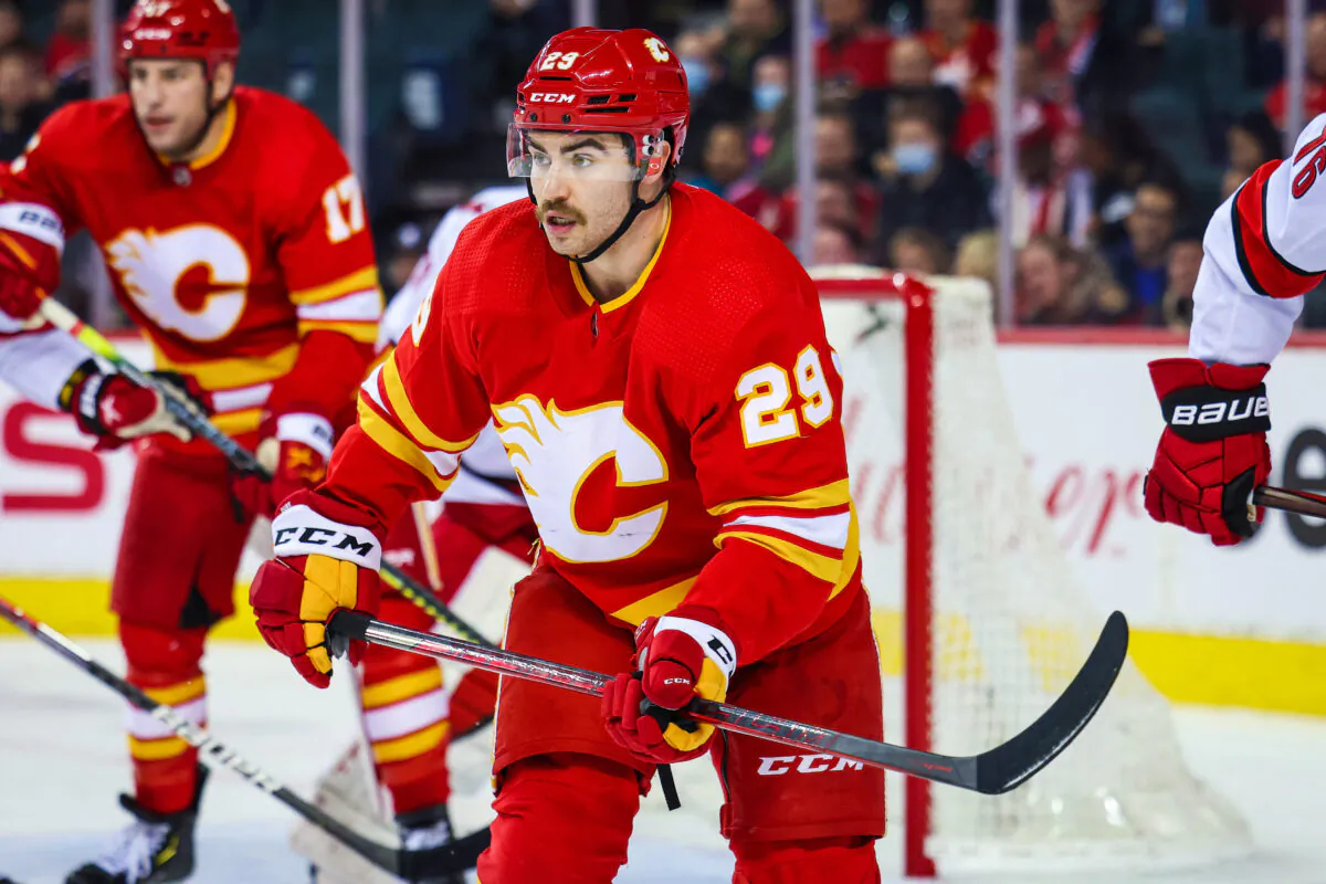 Calgary Flames center Dillon Dube (29) against the Carolina Hurricanes during an NHL game at Scotiabank Saddledome, in Calgary, Alberta, on Dec. 9, 2021 (Sergei Belski/USA TODAY Sports via Reuters)