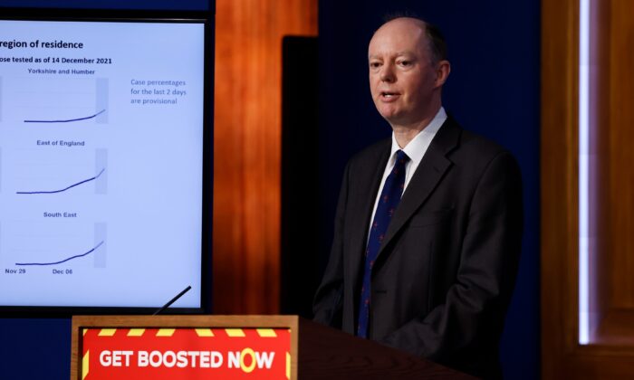 Britain's Chief Medical Officer for England Chris Whitty addresses the nation during a COVID-19 Update at Downing Street in London, on Dec. 15, 2021. (Tolga Akmen - WPA Pool/Getty Images)