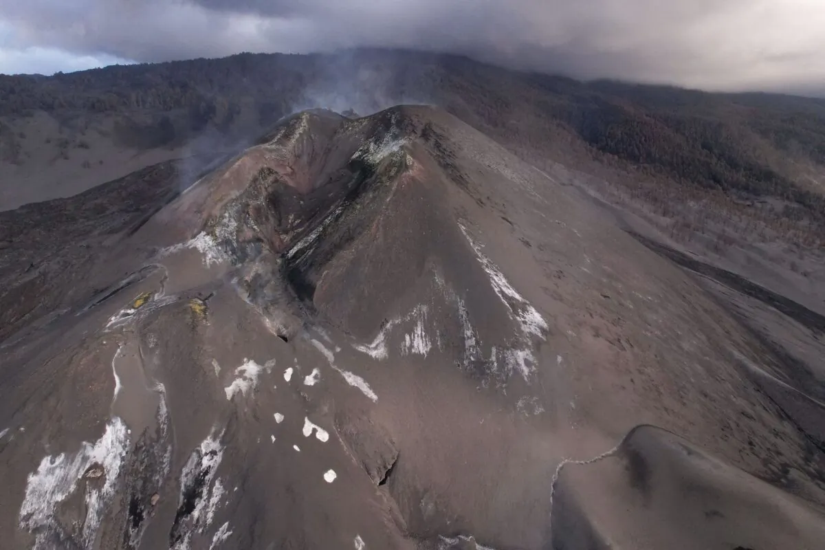 An aerial view of the Cumbre Vieja volcano without activity in the last few hours in Tacande, on the Canary Island of La Palma, in Spain, on Dec. 15, 2021. (Borja Suarez/Reuters)
