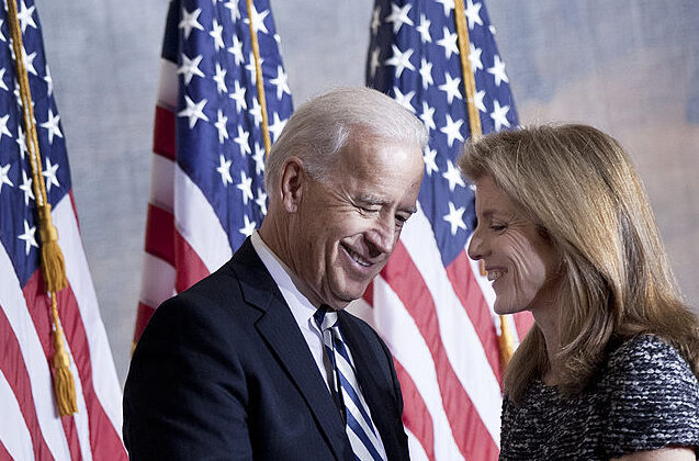 Caroline Kennedy thanks Vice President Joseph Biden after he spoke during an event to honor her father's inauguration on Capitol Hill January 20, 2011 in Washington, DC.  (Brendan Smialowski/Getty Images)