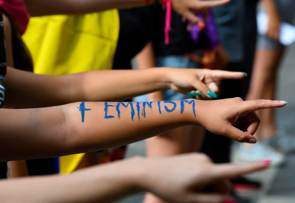 Feminist activists take part in a choreographed performance on Dec. 7, 2019. (Yuri Cortez/AFP via Getty Images)
