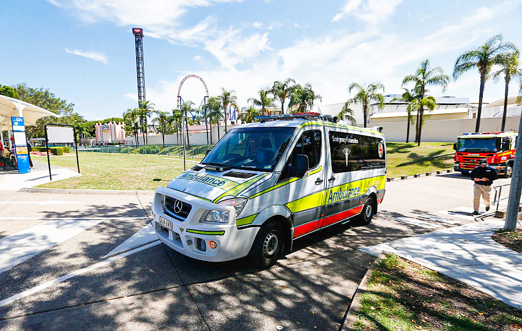 An ambulance leaves Movieworld on the Gold Coast, Australia, on Jan. 11, 2017. (Jason O'Brien/Getty Images)