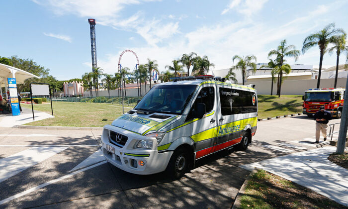 An ambulance leaves Movieworld on the Gold Coast, Australia, on Jan. 11, 2017. (Jason O'Brien/Getty Images)
