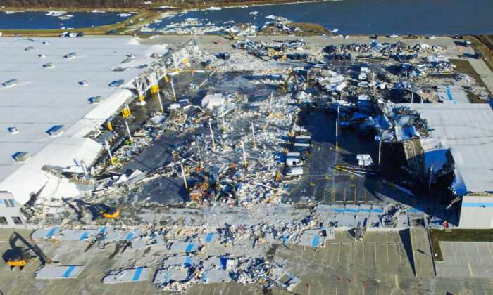 The site of a roof collapse at an Amazon distribution center a day after a series of tornadoes struck multiple states, in Edwardsville, Ill., on Dec. 11, 2021. (Drone Base/Reuters)