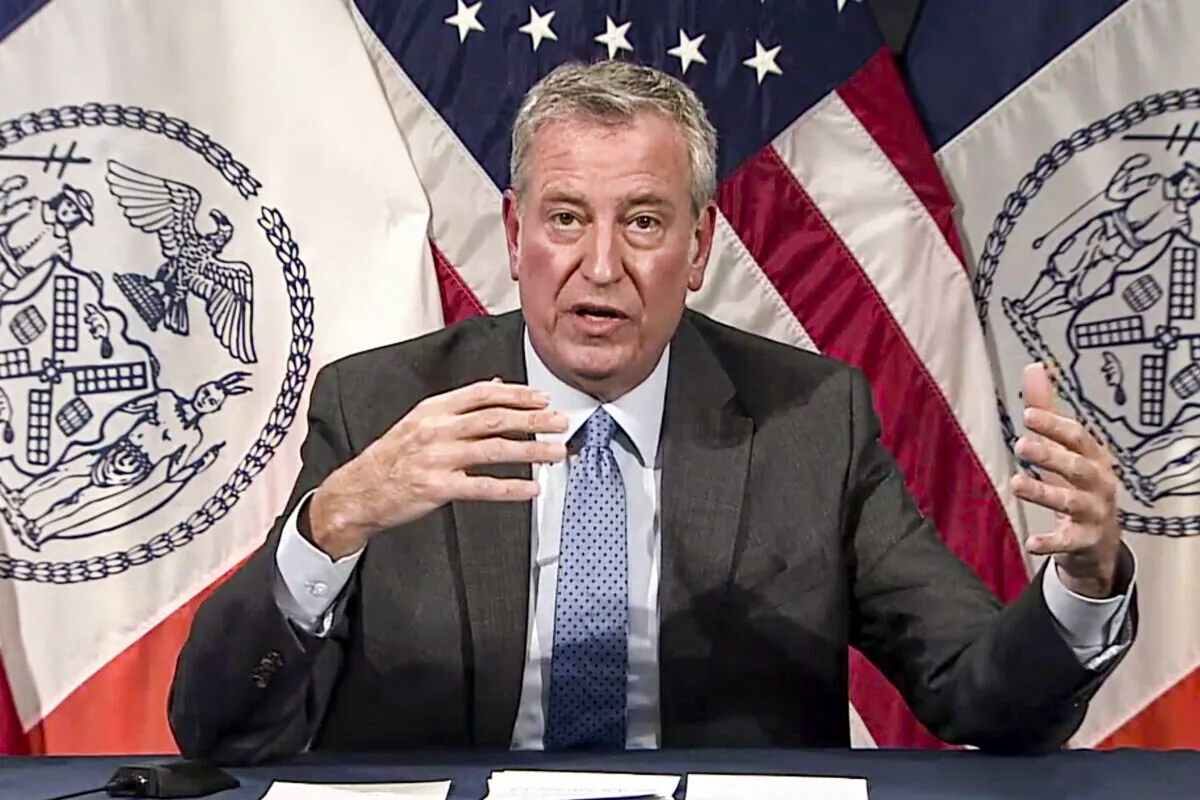 In this image taken from video, New York Mayor Bill de Blasio speaks during a virtual press conference on Dec. 2, 2021. (AP Photo)