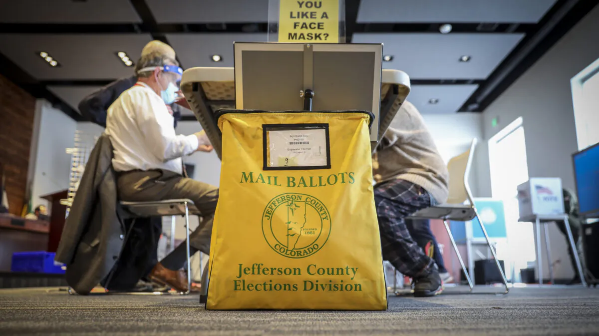 A mail in ballot collection box is seen at Edgewater City Hall in Edgewater, Colo., on Nov. 3, 2020. (Marc Piscotty/Getty Images)