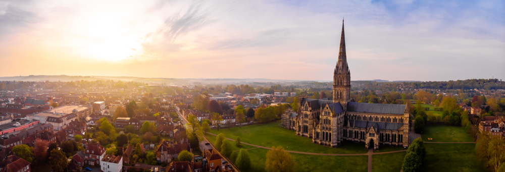 Aerial,View,Of,Salisbury,Cathedral,In,The,Spring,Morning