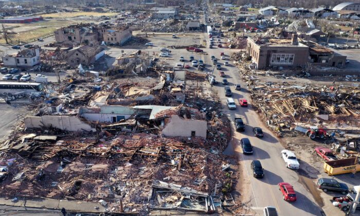 In an aerial view, homes and businesses are destroyed after a tornado ripped through town the previous evening in Mayfield, Ky., on Dec. 11, 2021. (Scott Olson/Getty Images)