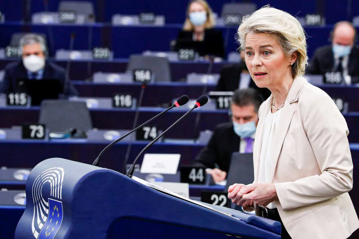 European Commission President Ursula von der Leyen delivers a speech during a plenary session at the European Parliament in Strasbourg, eastern France, on Dec. 15, 2021. (Julien Warnand/Pool Photo via AP)