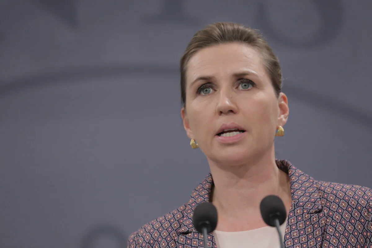 Danish Prime Minister Mette Frederiksen speaks at a news conference in Copenhagen, Denmark, on Nov. 8, 2021. (Ritzau Scanpix/Olafur Steinar Gestsson/via Reuters)