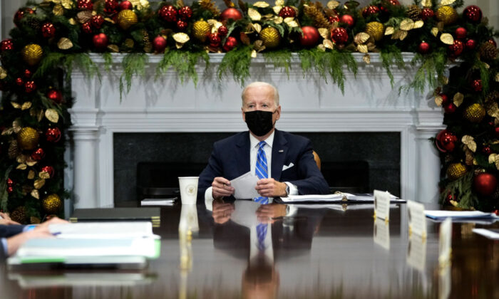 President Joe Biden speaks during a meeting with the White House COVID-19 Response Team in the Roosevelt Room of the White House in Washington on Dec. 16, 2021. (Drew Angerer/Getty Images)