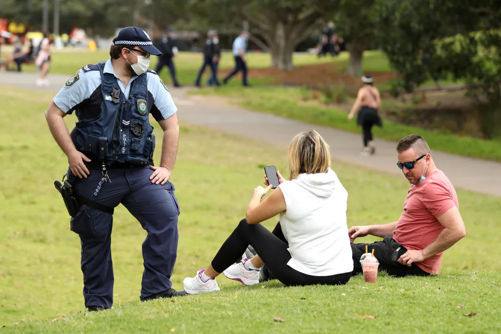 N.S.W Police patrol Sydney Park in Sydney, Australia, on Sept. 18, 2021. (Brendon Thorne/Getty Images)