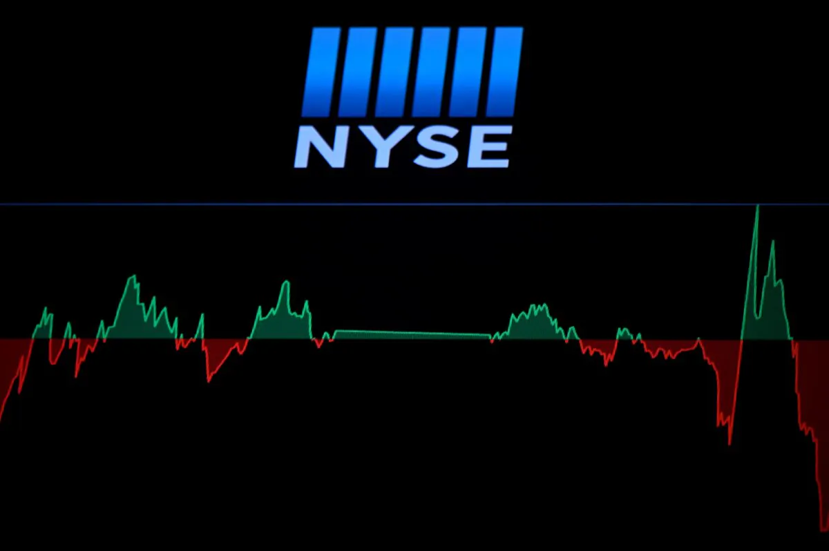 A screen shows a graph before the opening bell at the New York Stock Exchange (NYSE) at Wall Street on March 16, 2020. (Johannes Eisele/AFP via Getty Images)