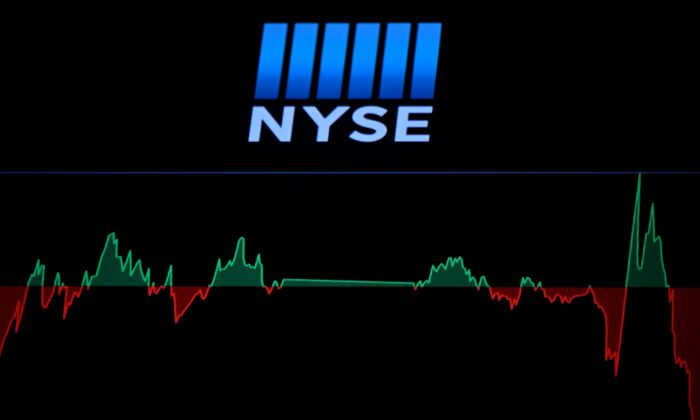 A screen shows a graph before the opening bell at the New York Stock Exchange (NYSE) at Wall Street on March 16, 2020. (Johannes Eisele/AFP via Getty Images)