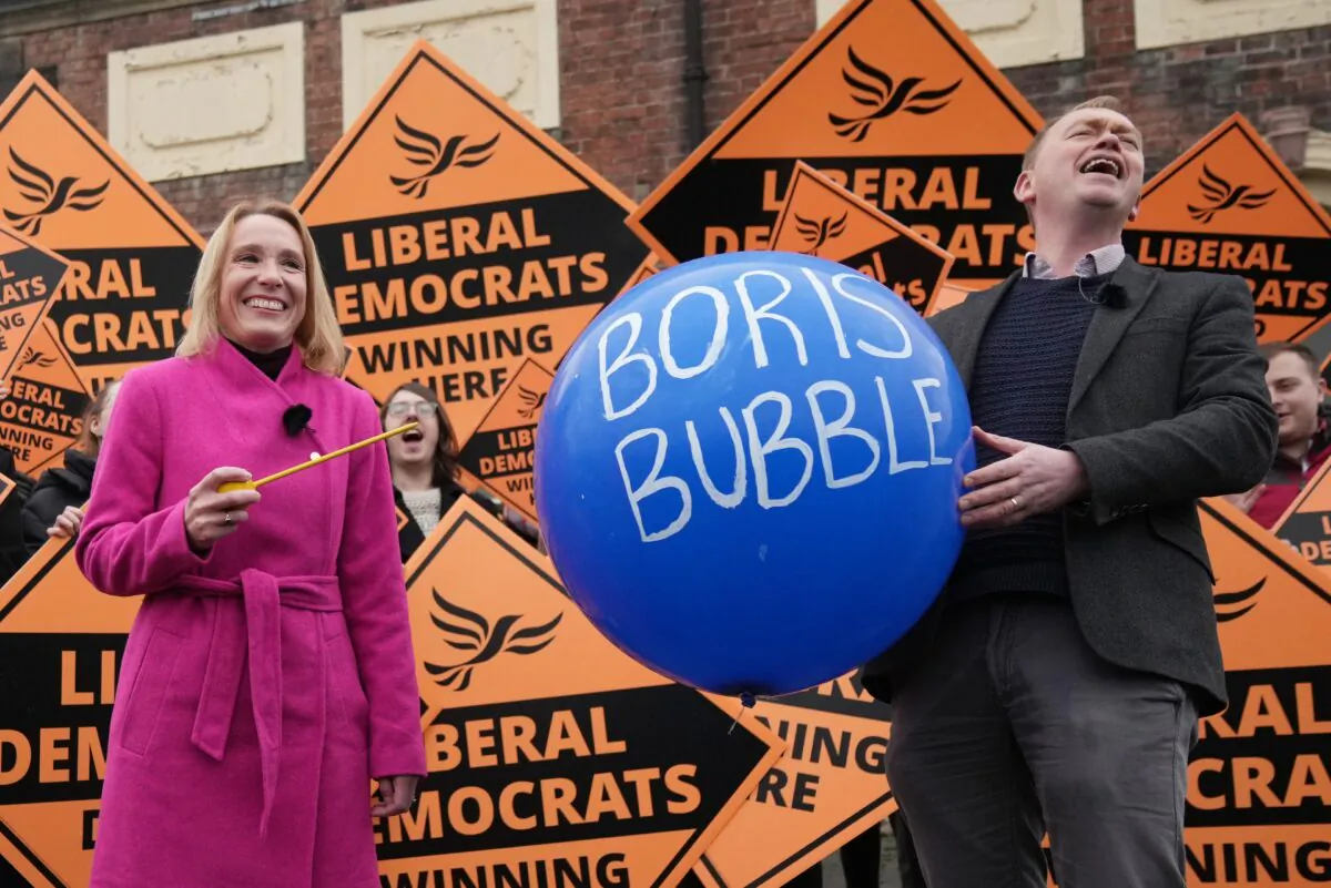 Helen Morgan and Tim Farron of the Liberal Democrats speak to the media following victory in the North Shropshire By-Election in Oswestry, England, on Dec. 17, 2021. (Christopher Furlong/Getty Images)