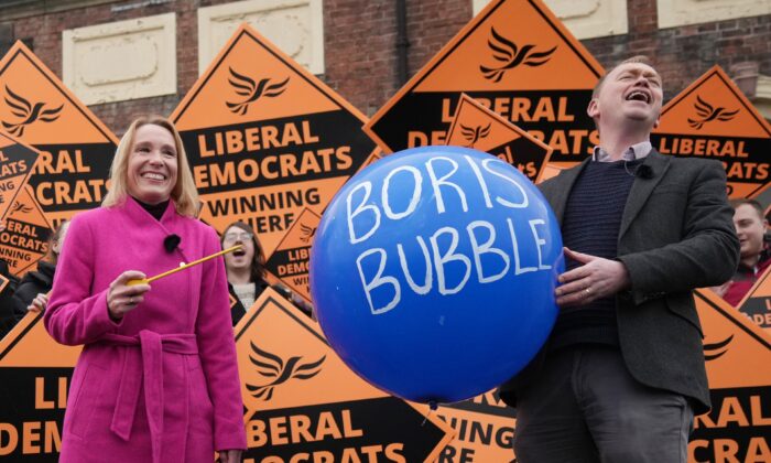 Helen Morgan and Tim Farron of the Liberal Democrats speak to the media following victory in the North Shropshire By-Election in Oswestry, England, on Dec. 17, 2021. (Christopher Furlong/Getty Images)