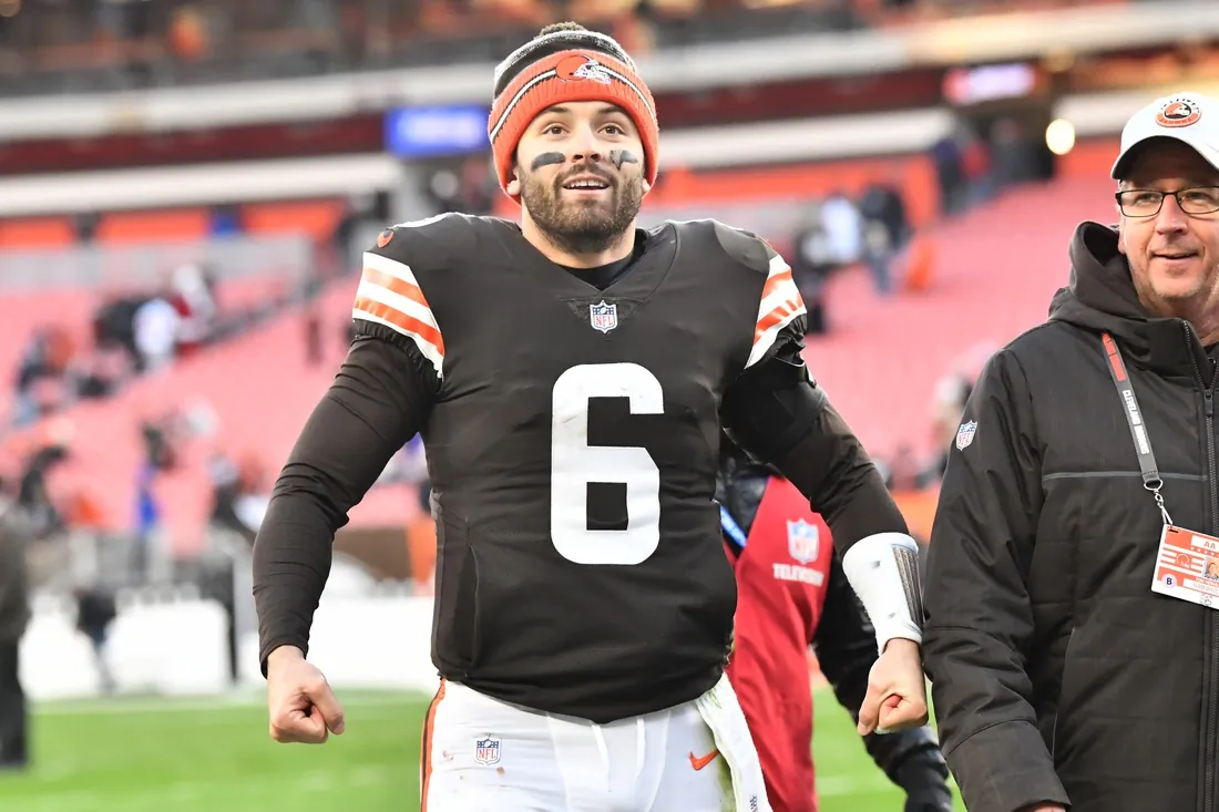 Cleveland Browns quarterback Baker Mayfield (6) celebrates after the Browns beat the Baltimore Ravens at FirstEnergy Stadium, in Cleveland, Ohio, on Dec 12, 2021. (Ken Blaze/USA TODAY Sports via Field Level Media)