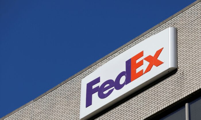 Signage is seen on a FedEx location in Manhattan, New York City, on Sept. 3, 2021. (Andrew Kelly/Reuters)