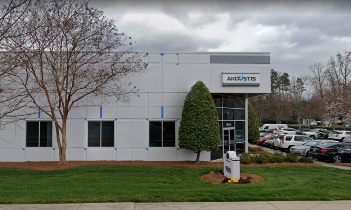 Headquarters of the technology company Akoustis in Huntersville, N.C., in March 2019. (Google Maps/Screenshot via The Epoch Times)