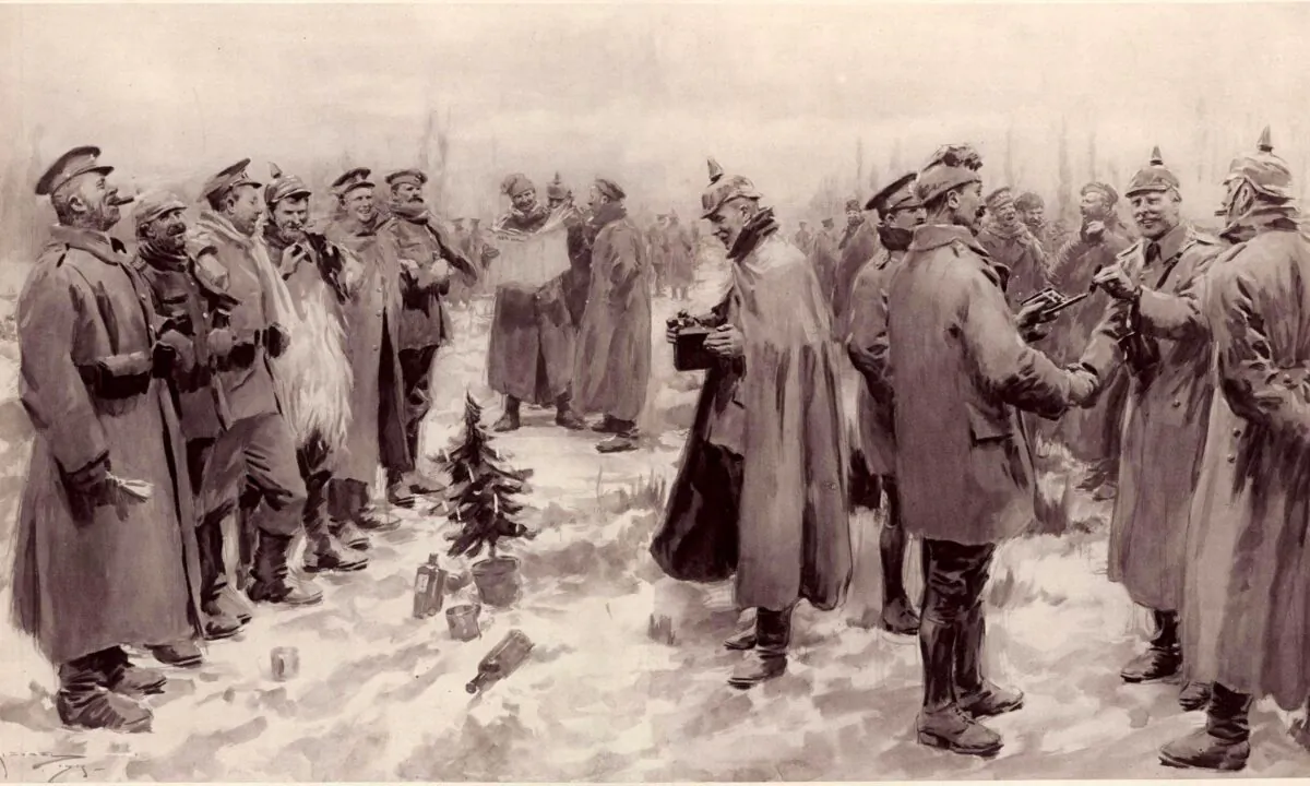 British and German World War I soldiers meet in no man’s land to mark the season of peace and goodwill in the Illustrated London News' depiction of the Christmas truce of 1914, titled "British and German Soldiers Arm-in-Arm Exchanging Headgear: A Christmas Truce between Opposing Trenches,” published on Jan. 9, 1915. (Public Domain)