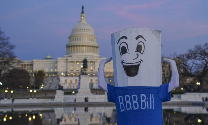 "Build Back Better Bill" stands at the U.S. Capitol in Washington on Dec. 14, 2021. (Leigh Vogel/Getty Images)