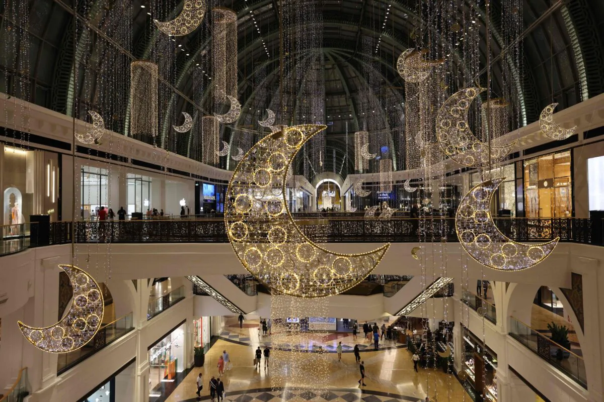 A view of traditional crescent moon decoration at the Mall of the Emirates in Dubai on April 13, 2021. (Giuseppe Cacace/AFP via Getty Images)