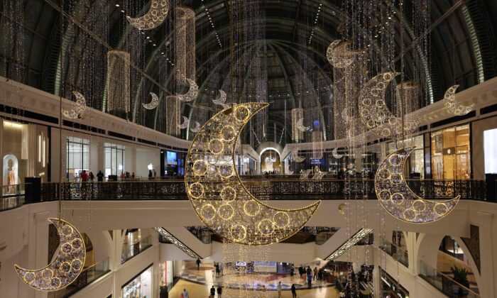 A view of traditional crescent moon decoration at the Mall of the Emirates in Dubai on April 13, 2021. (Giuseppe Cacace/AFP via Getty Images)