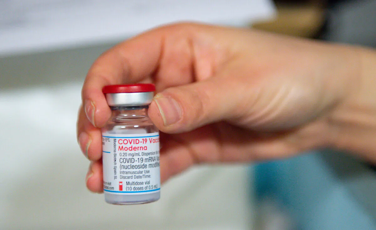 The Moderna COVID-19 vaccine on April 7, 2021. (Jacob King/WPA Pool/Getty Images)