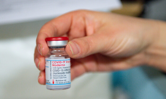 The Moderna COVID-19 vaccine on April 7, 2021. (Jacob King/WPA Pool/Getty Images)