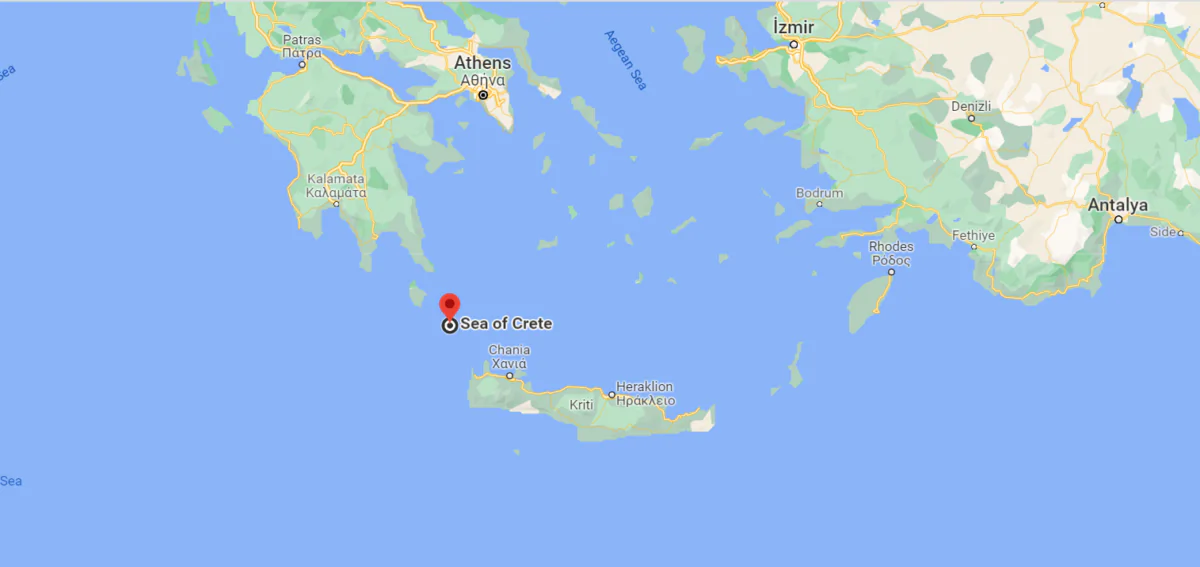 A map shows the location between the Peloponnese and the island of Crete, in Greece, on Dec. 18, 2021. (Google Maps/Screenshot via The Epoch Times)
