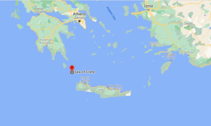 A map shows the location between the Peloponnese and the island of Crete, in Greece, on Dec. 18, 2021. (Google Maps/Screenshot via The Epoch Times)