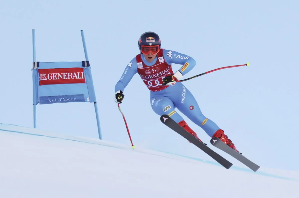 Italy's Sofia Goggia speeds down the course on her way to win an alpine ski, women's World Cup super-G race in Val D'Isere, France, on Dec. 19, 2021. (Marco Trovati/AP Photo)