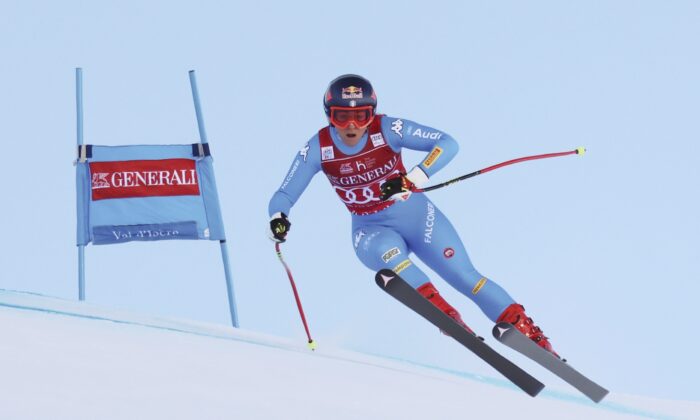 Italy's Sofia Goggia speeds down the course on her way to win an alpine ski, women's World Cup super-G race in Val D'Isere, France, on Dec. 19, 2021. (Marco Trovati/AP Photo)