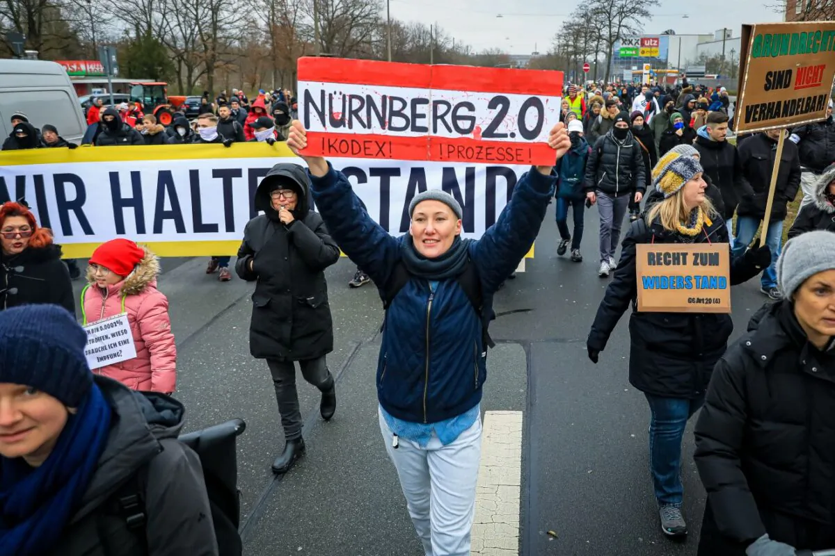 Opponents to vaccine mandates protest in Nuremberg, Germany on Dec. 19, 2021. (Leonhard Simon/Getty Images)