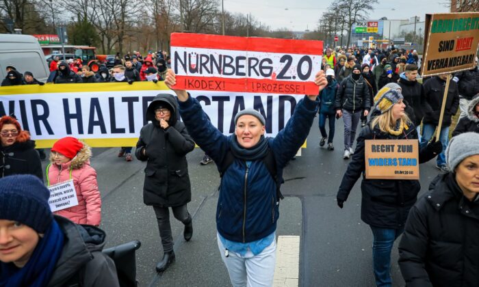 Opponents to vaccine mandates protest in Nuremberg, Germany on Dec. 19, 2021.  (Leonhard Simon/Getty Images)