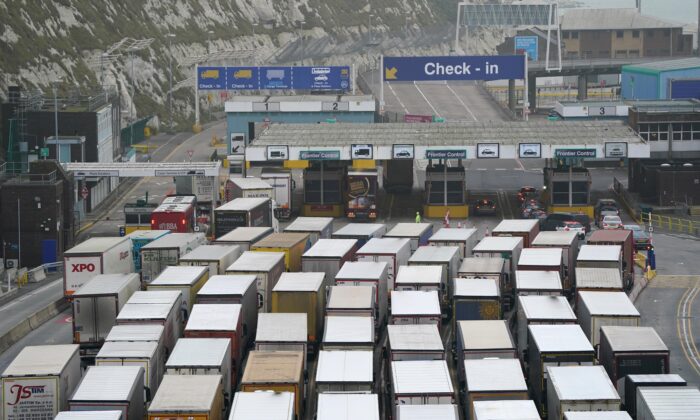 Freight lorries queuing at the port of Dover in Kent, England, on Dec. 18, 2021. (Gareth Fuller/PA)