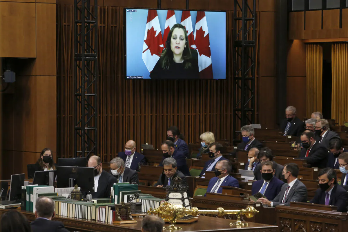 Deputy Prime Minister and Finance Minister Chrystia Freeland rises virtually during question period in the House of Commons on Parliament Hill in Ottawa on Dec. 16, 2021. (THE CANADIAN PRESS/Patrick Doyle)