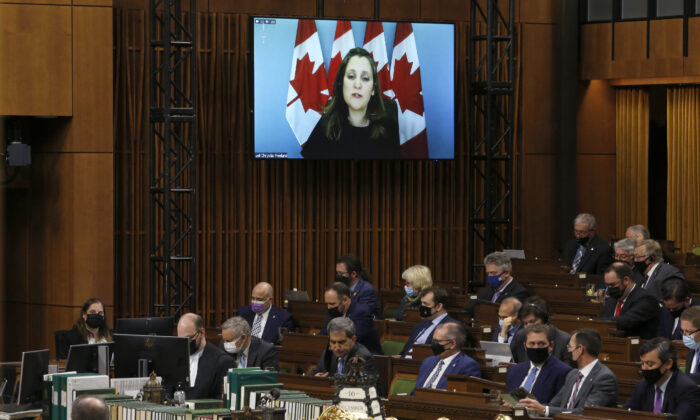 Deputy Prime Minister and Finance Minister Chrystia Freeland rises virtually during question period in the House of Commons on Parliament Hill in Ottawa on Dec. 16, 2021. (THE CANADIAN PRESS/Patrick Doyle)