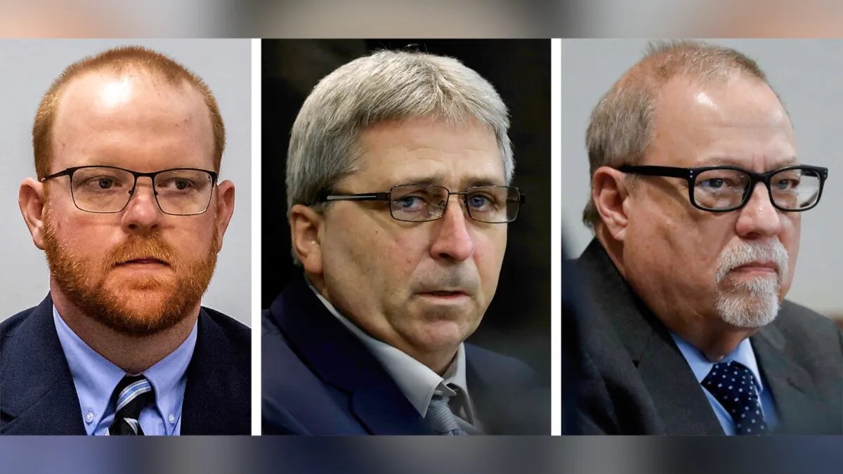 This photo combo shows, from left, Travis McMichael, William "Roddie" Bryan, and Gregory McMichael during their trial at at the Glynn County Courthouse in Brunswick, Ga. (Pool via AP)