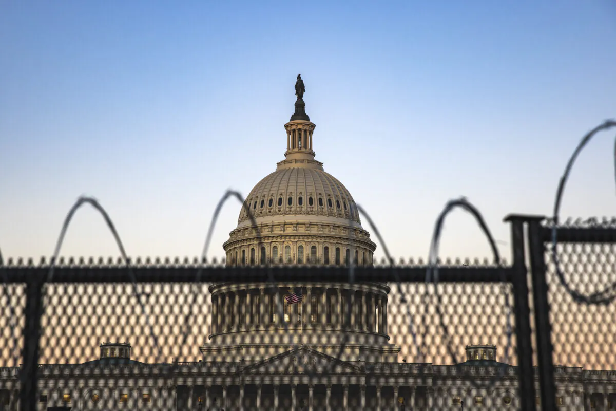 The U.S. Capital is seen as National Guard and U.S. Capitol Police stand guard on Feb. 8, 2021. (Tasos Katopodis/Getty Images)