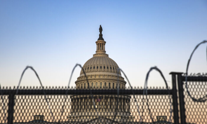 The U.S. Capital is seen as National Guard and U.S. Capitol Police stand guard on Feb. 8, 2021. (Tasos Katopodis/Getty Images)