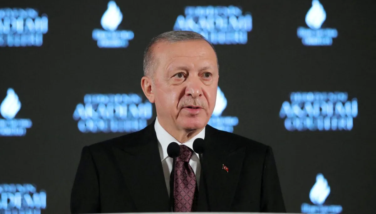 Turkish President Tayyip Erdogan addresses the audience as he attends a ceremony in Istanbul, Turkey, on Dec. 19, 2021. (Murat Cetinmuhurdar/Presidential Press Office/Handout via Reuters)