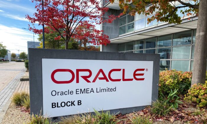 A logo of cloud service provider Oracle is seen at the company's offices at Eastpoint Business Park, Dublin, Ireland, on Oct. 18, 2021. (Tom Bergin/Reuters)