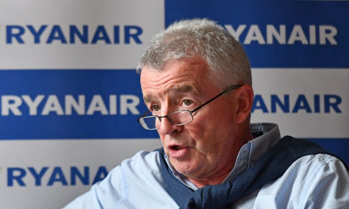 Ryanair CEO Michael O'Leary attends a press conference in London on Aug. 31, 2021. (Justin Tallis/AFP via Getty Images)
